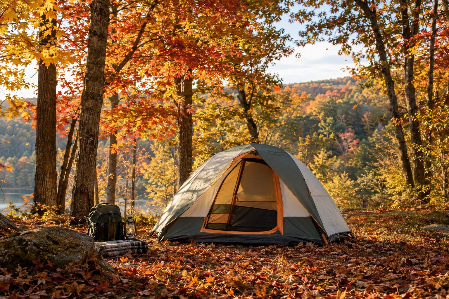 A tent pitched among orange and yellow autumn trees