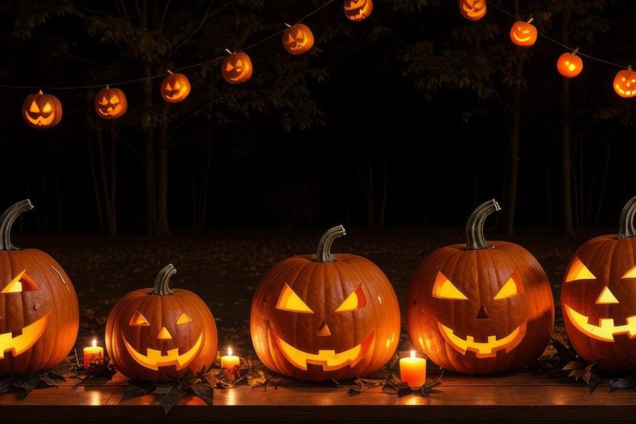 A jack-o'-lantern with battery lights and cornstalks beside a campsite fire ring at dusk, with decorations set well back from the flames.