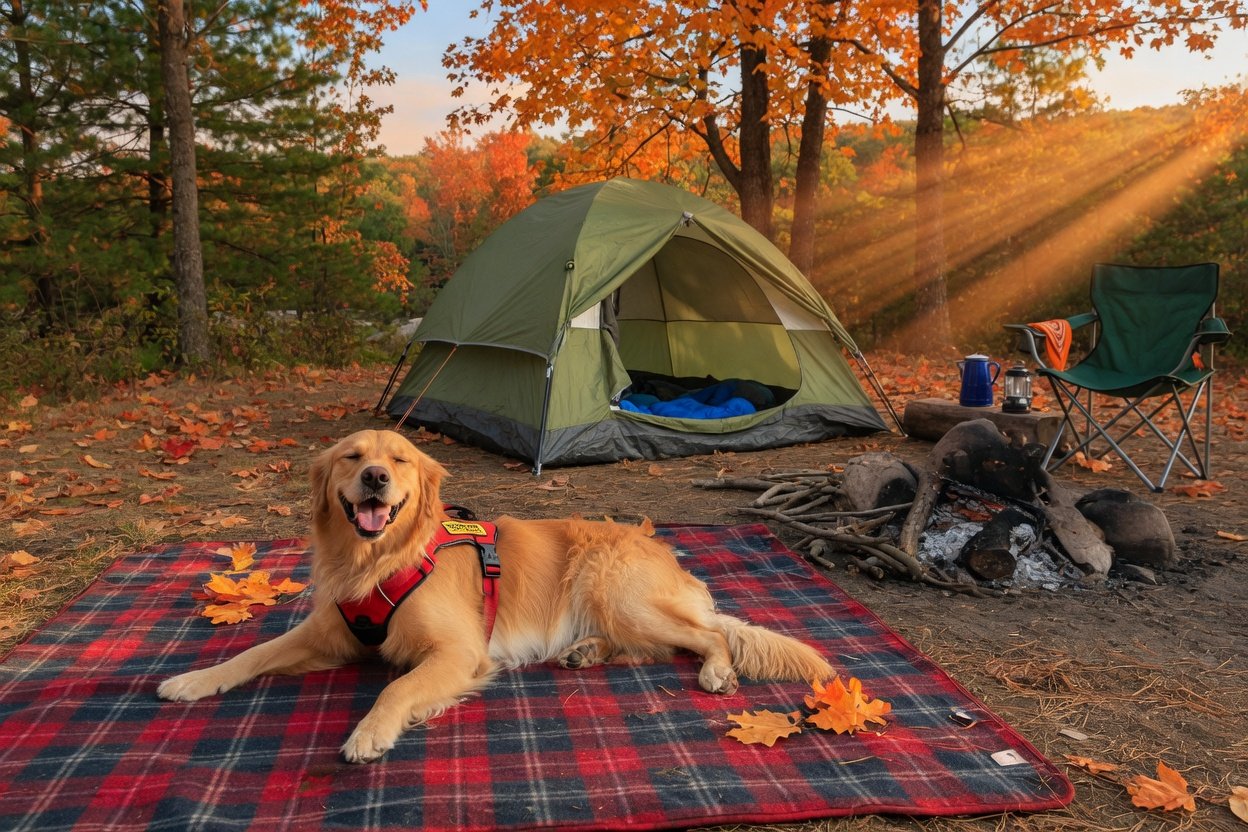 A golden retriever on a blanket in front of a tent at a fall campsite