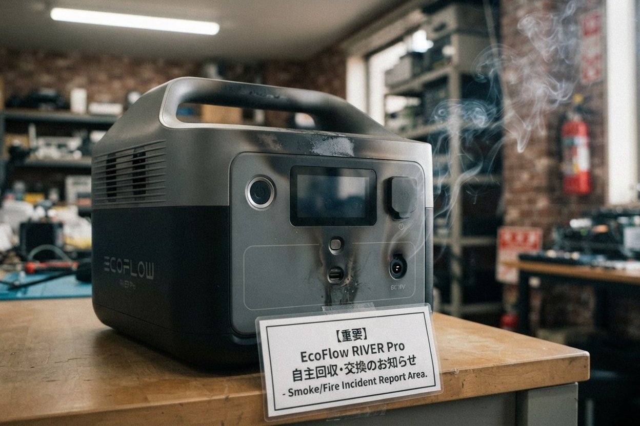 A portable power station with its bottom label visible, placed on a picnic table at a campsite in daylight.