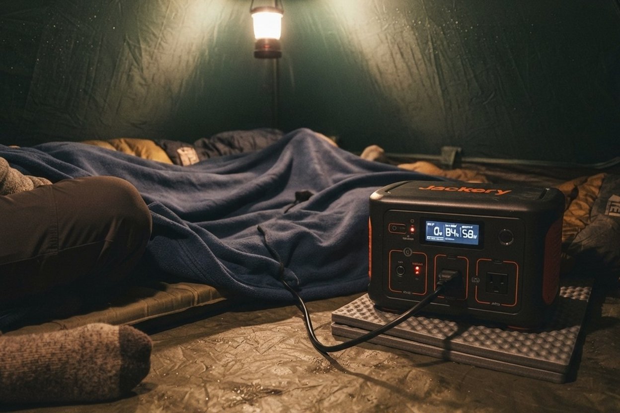 A fleece heated blanket plugged into a portable power station on the floor of a tent, with the station's display showing watts out.
