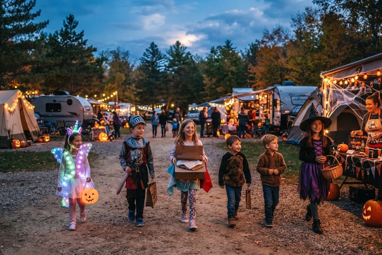 Children in warm jackets and costumes walk a campground path at dusk, with a headlamp and a glowing jack-o'-lantern on a picnic table.