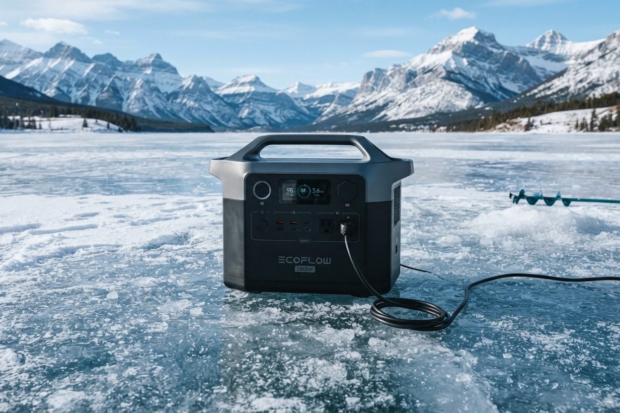 EcoFlow portable power station on frozen lake with snowy mountains in background.