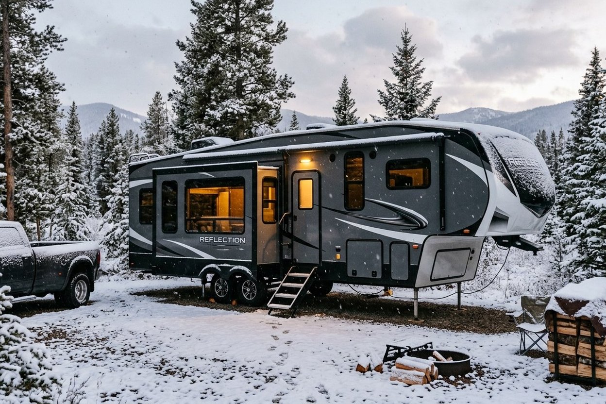 Snowy RV campsite with truck and fire pit in forested mountains.