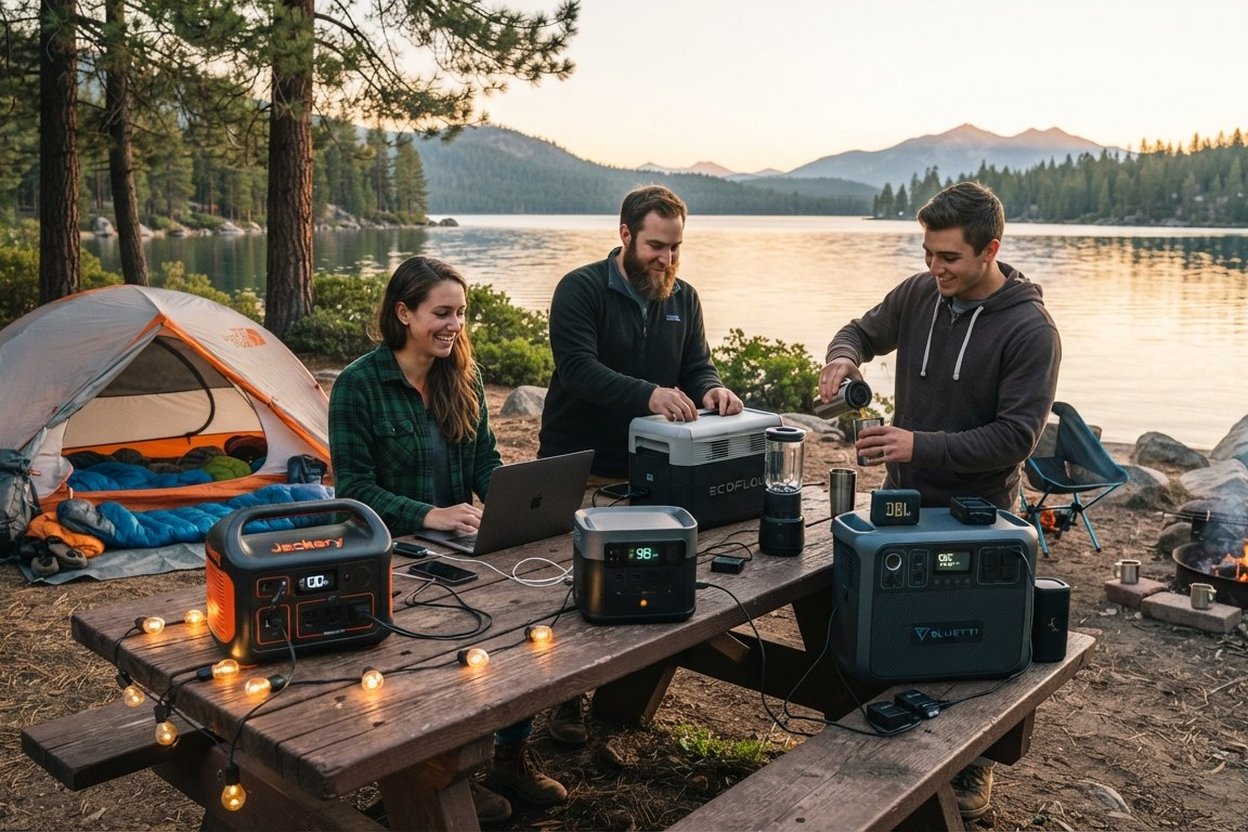 A portable power station with its cables and outlets set on a picnic table at a campsite, with a tent in the background.