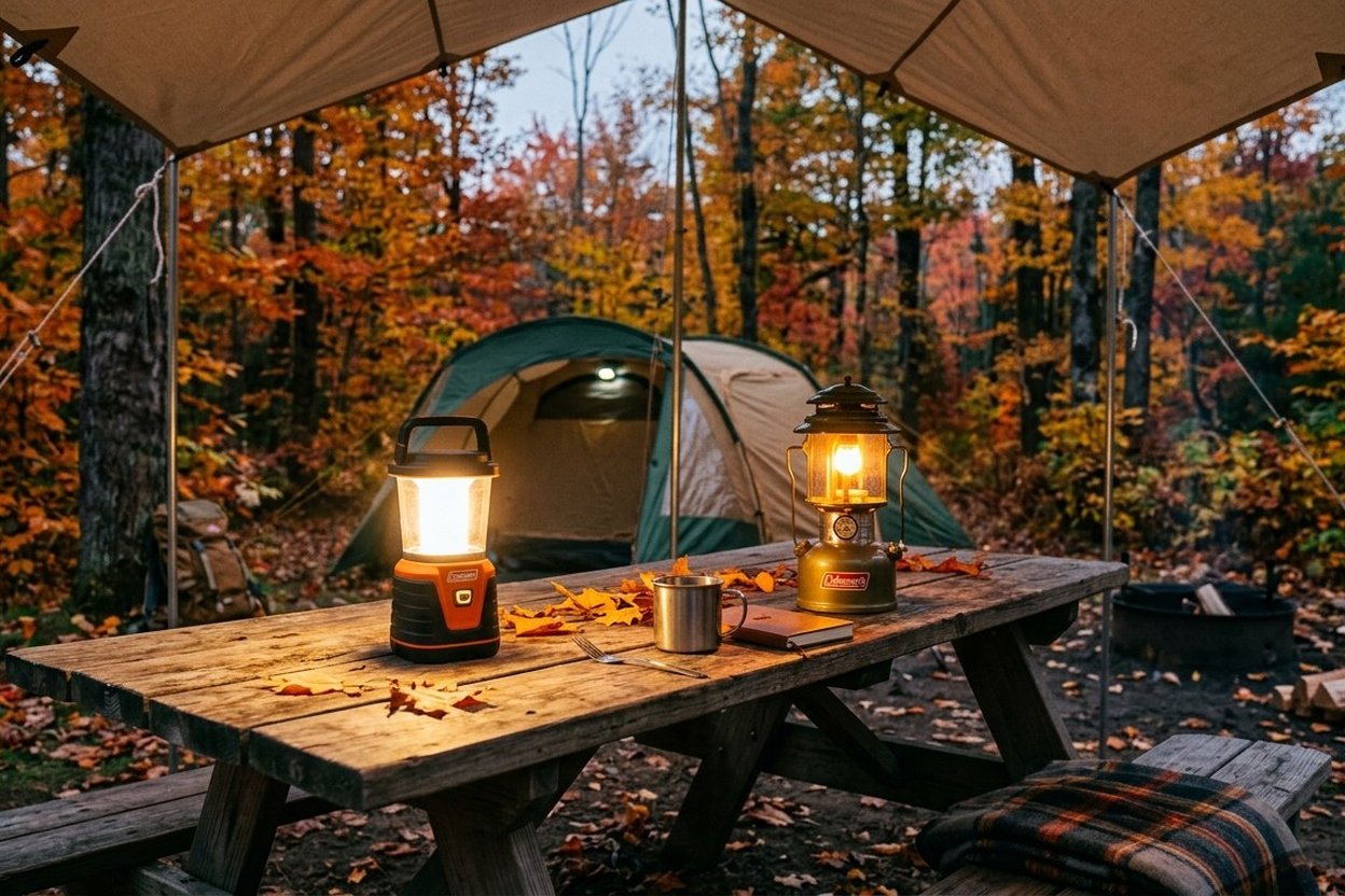 Campfire lanterns glow warmly on a picnic table under a tent in autumn woods.