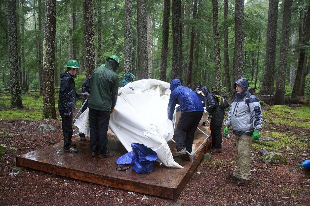 Tents and a fire ring at a forested Mount Rainier campground, with a snow-capped peak visible through the trees.