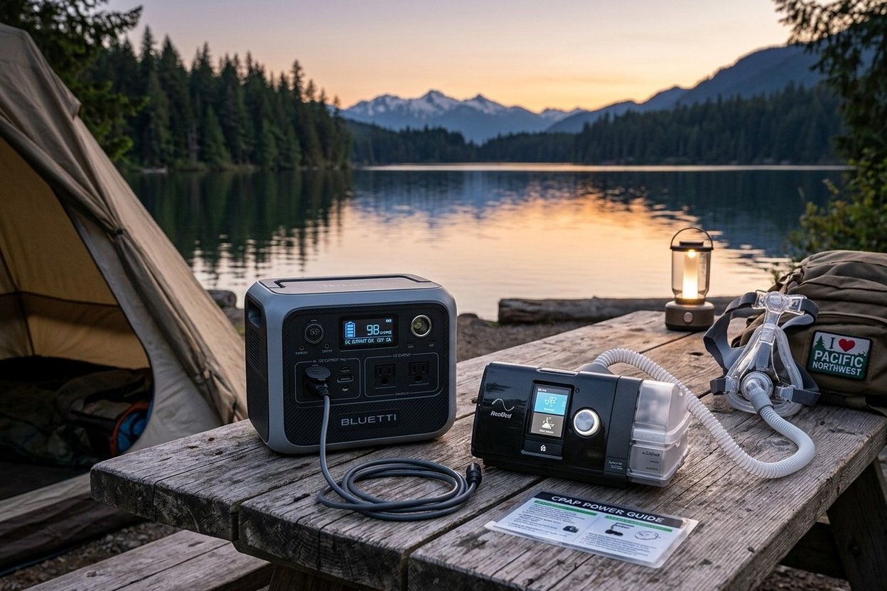 Portable power station and CPAP machine on picnic table by lake.